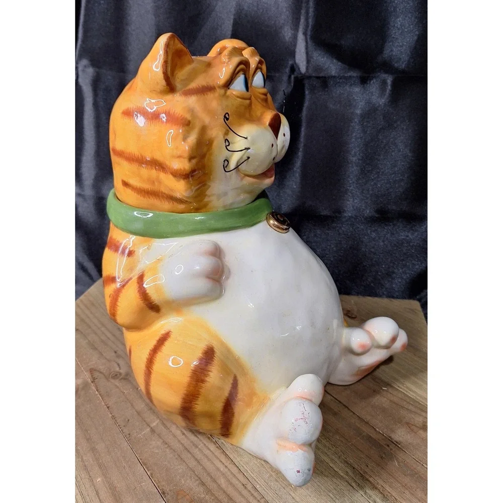 Vintage DCI Jim Orange 1990s Cat Ceramic Cookie Jar Green Collar Wire Whiskers